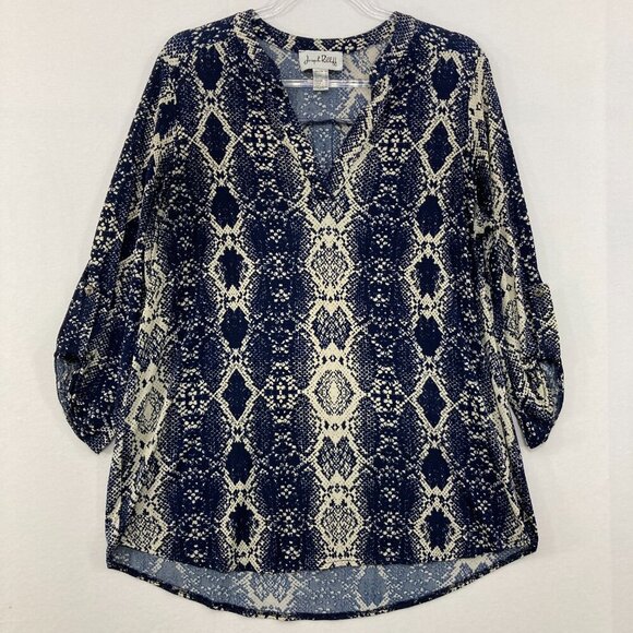 Joseph Ribkoff Tops - Joseph Ribkoff size 10 Blue Tan‎ Abstract Animal Print Stretch 3/4 Sleeve Blouse